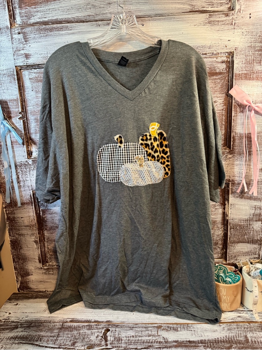 Tultex Gray Short Sleeve V-Neck Tee with Pumpkin Appliqué